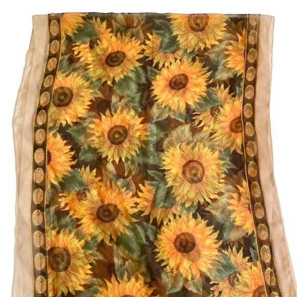 Vintage Sunflower Flower Chiffon Scarf 80s 18 X 62" Long Summer Polyester Korea - Picture 1 of 13